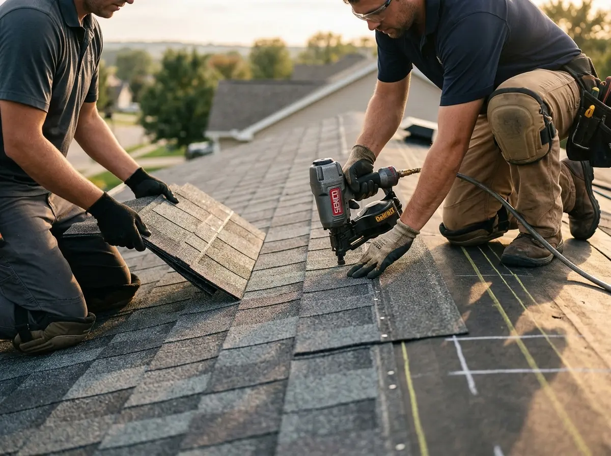 Professional roofer working on a residential roof in Asbury Lake